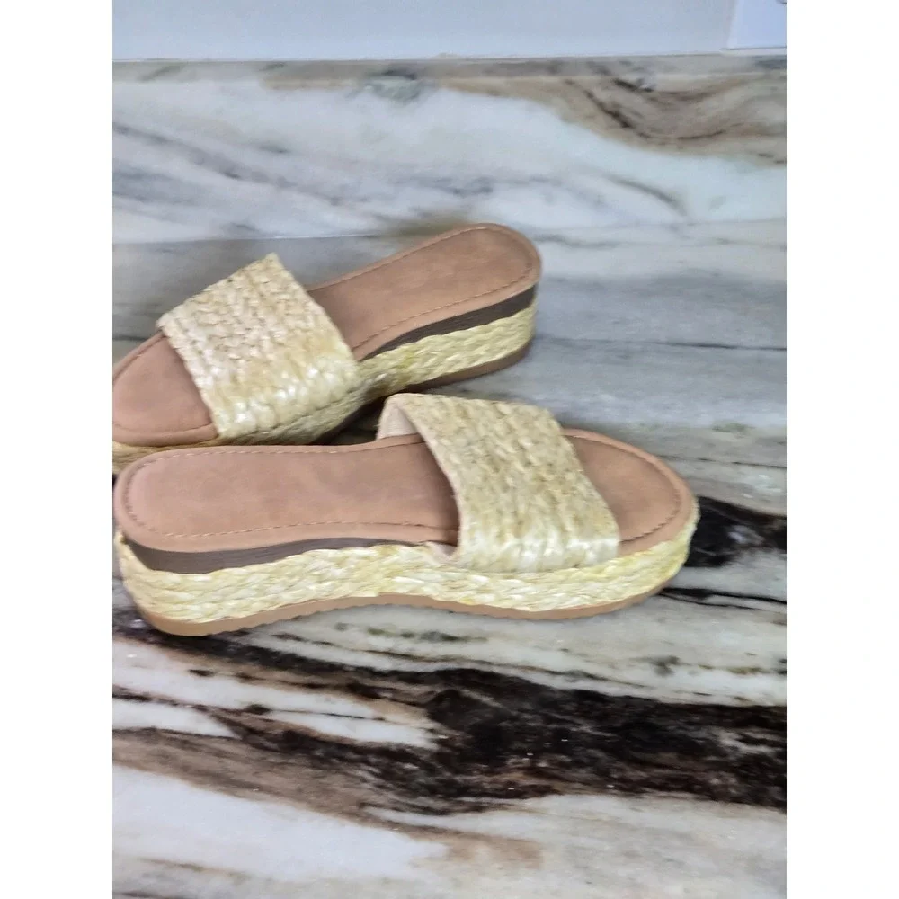 Roolee Woven Straw‎ Platform Slide Sandals Natural Tan Braided Raffia Size 7.5